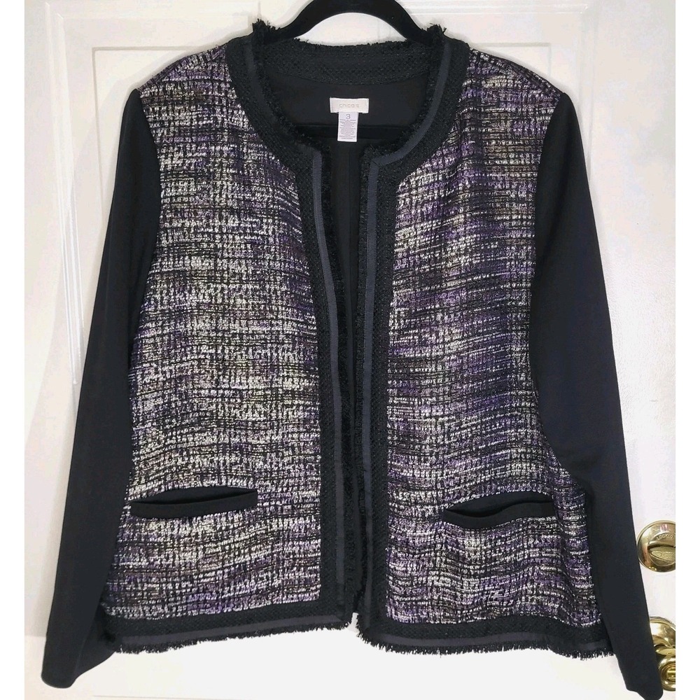 Chico's Size 3 (US 16) Metallic Tweed Open Front Blazer – Black Purple Jacket